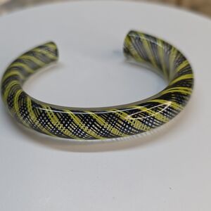Handcrafted Black and Yellow Glass Cuff Bracelet Signed Adams